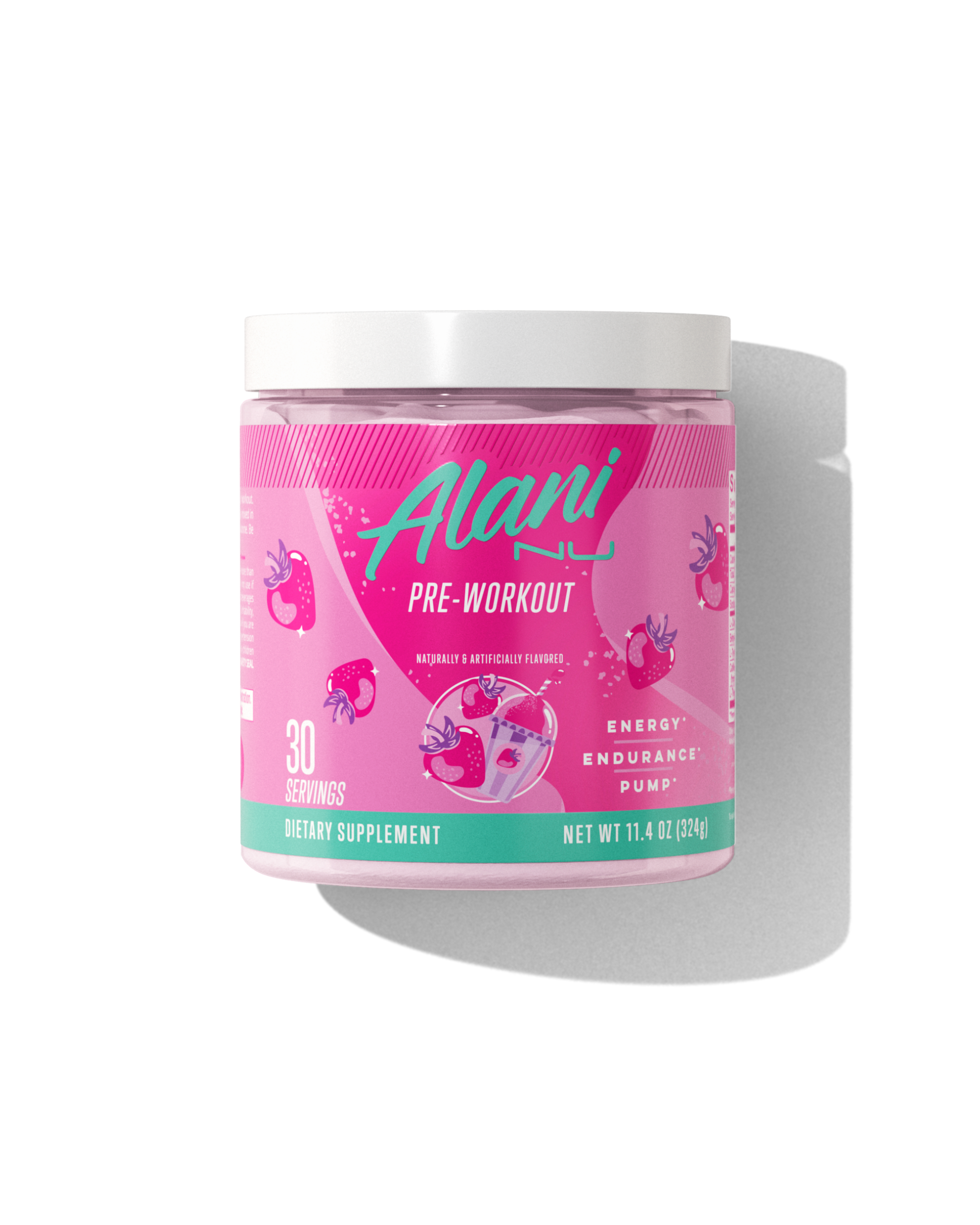 Alani Nu's Pre-Workout - Pink Slush boasts a vibrant pink label with fruit graphics. It offers 30 servings for energy, endurance, and pump without sugar. With caffeine for workout boosts, it has a net weight of 11.4 oz (324g).