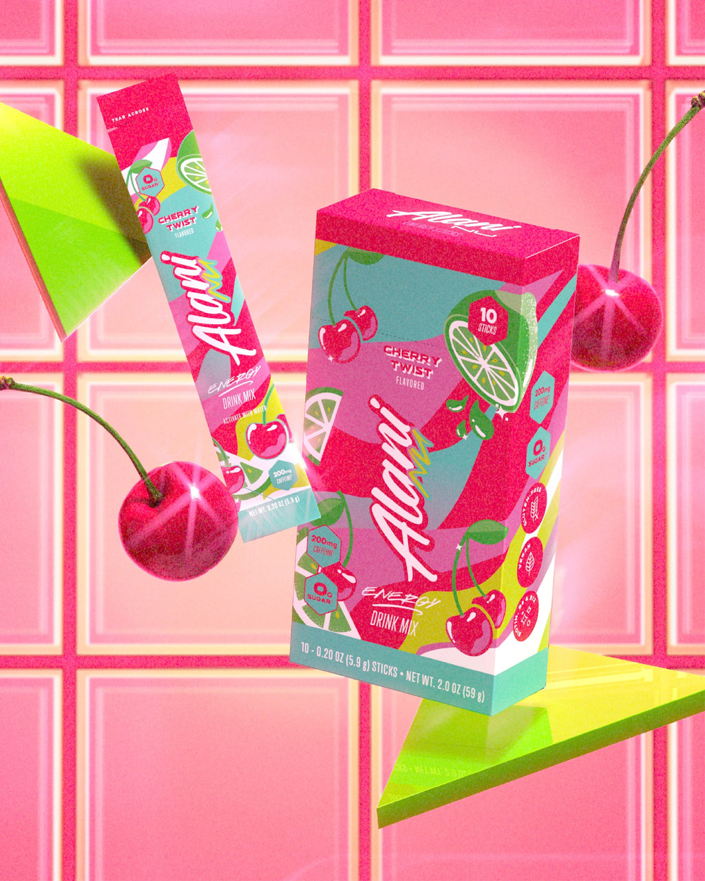 Three pink strawberries on a pedestal next to a Pink Slush Energy Stick 10-Pack on its own pink pedestal.