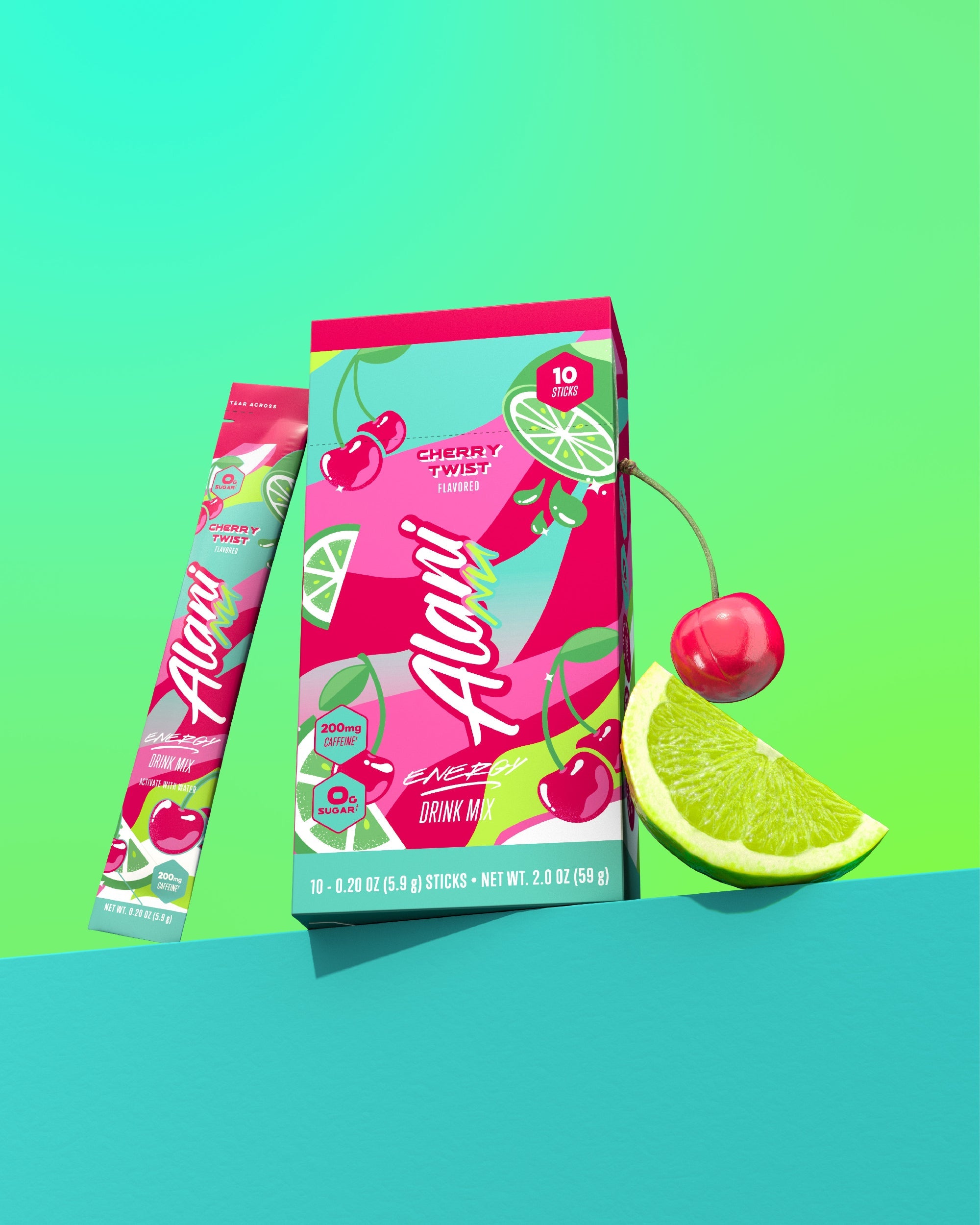 Two strawberries, a Pink Slush Energy Stick, and its 10-pack carton grouped on a seafoam shelf.