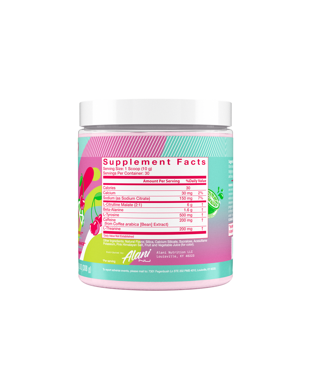 The back view of a 30-calorie Cherry Twist Pre-Workout tub, highlighting nutrition facts and ingredients.