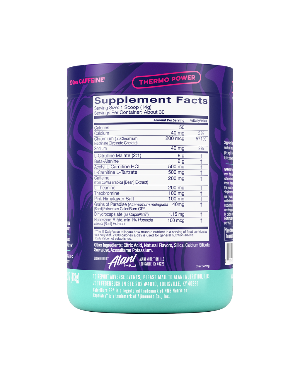 The back view of a 50-calorie, thermo-powered Melonberry Blast Alani Nu Pre-Workout+ Burn tub, highlighting supplement facts and ingredients.*