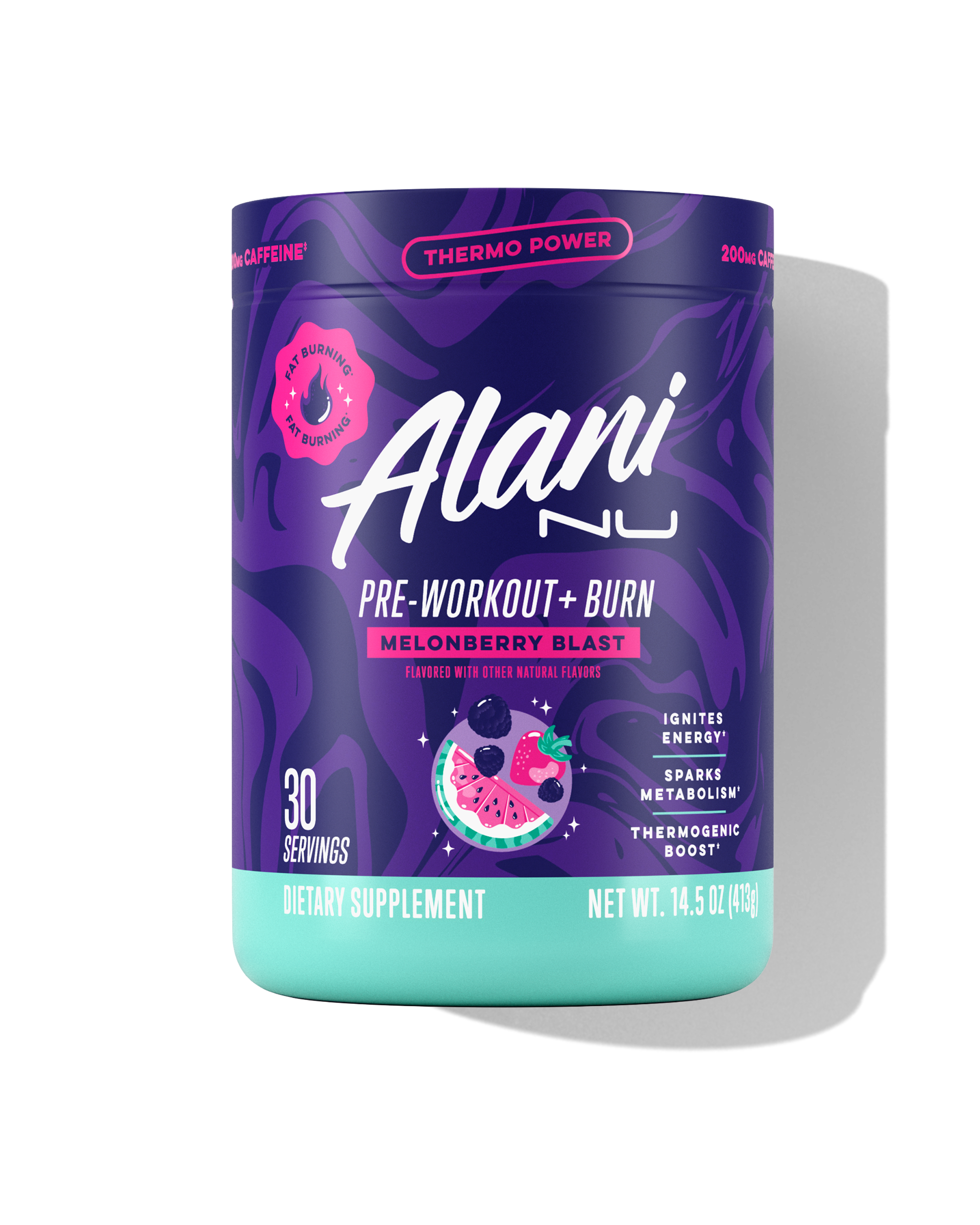 The front view of a 30-serve tub of Alani Nu Melonberry Blast Pre-Workout+ Burn, flavored with other natural flavors and made to help burn fat, boost energy, and spark metabolism.*