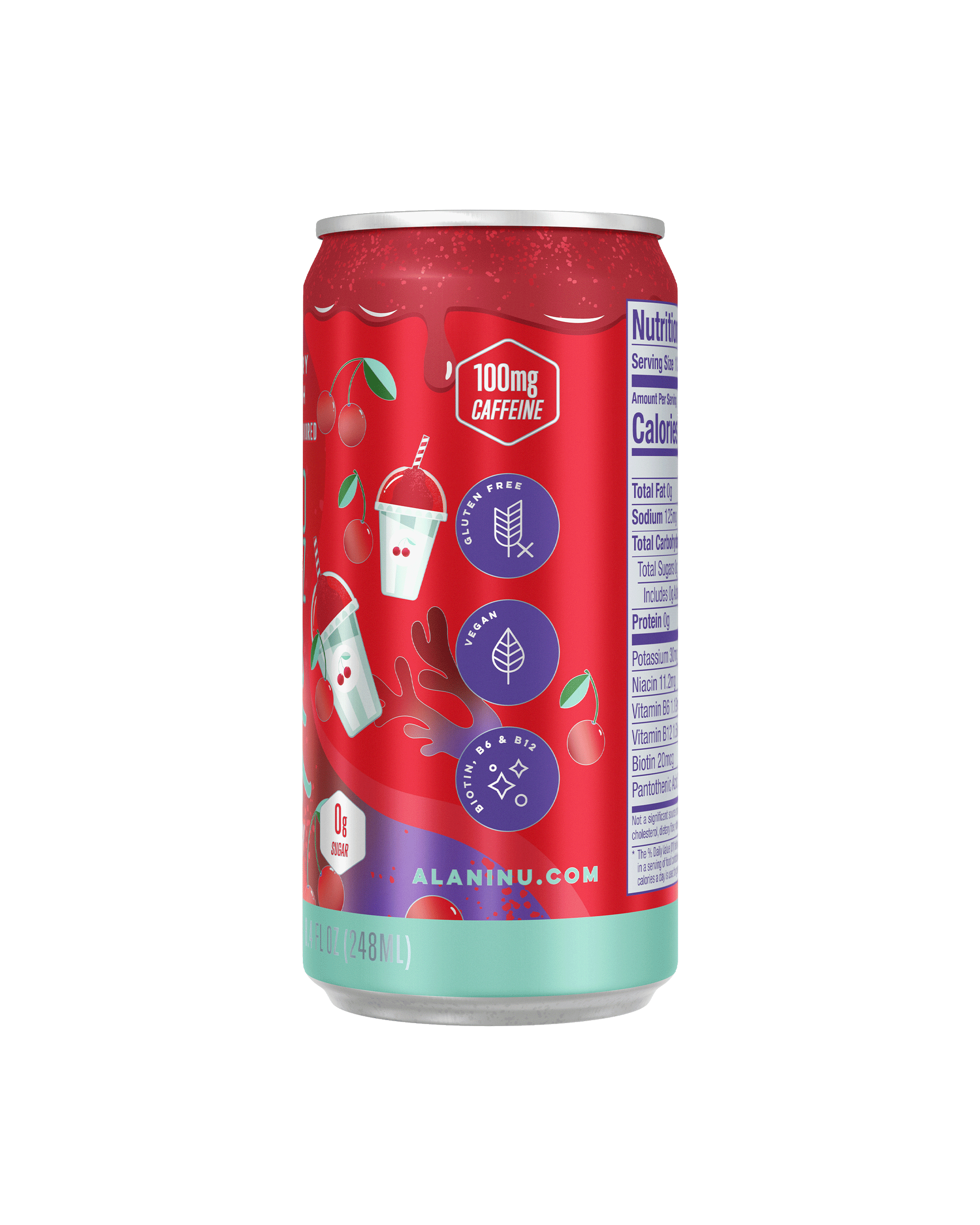 A side view of Mini Energy in Cherry Slush flavor showcasing caffeine details, gluten free, vegan and biotin details.