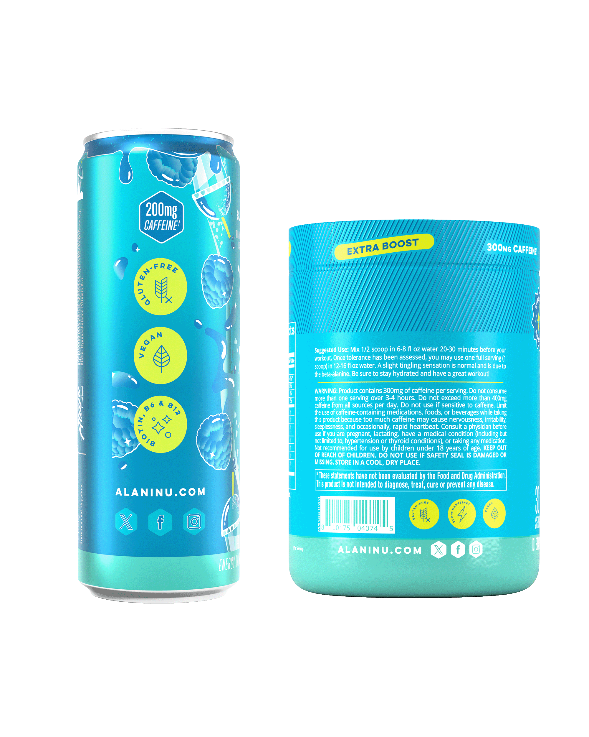 The side views of two Blue Slush products—an Energy Drink 12-Pack and a 30-Serve tub of Pre-Workout+.
