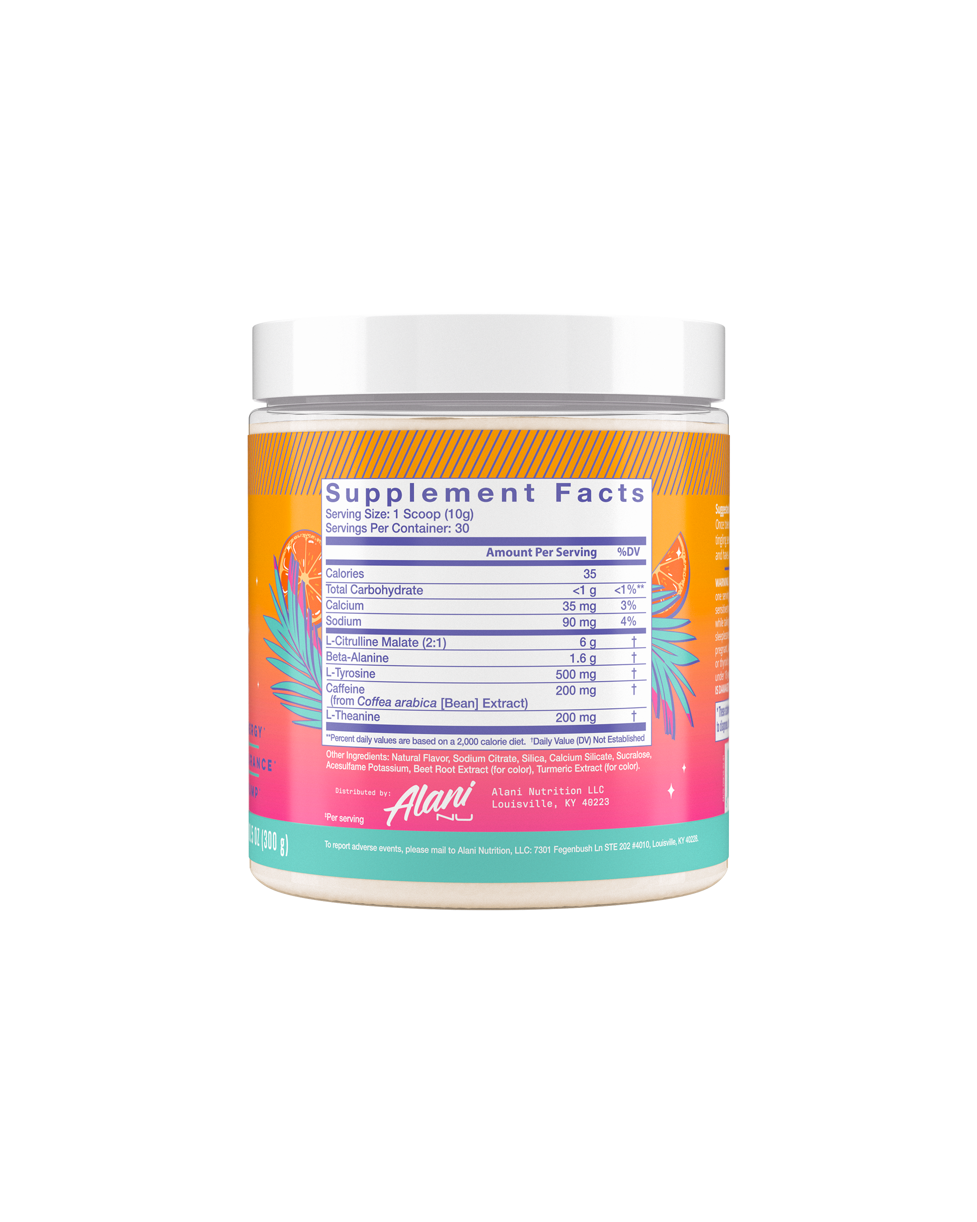 The back view of an Alani Nu Orange Kiss Pre-Workout tub, highlighting nutrition facts.