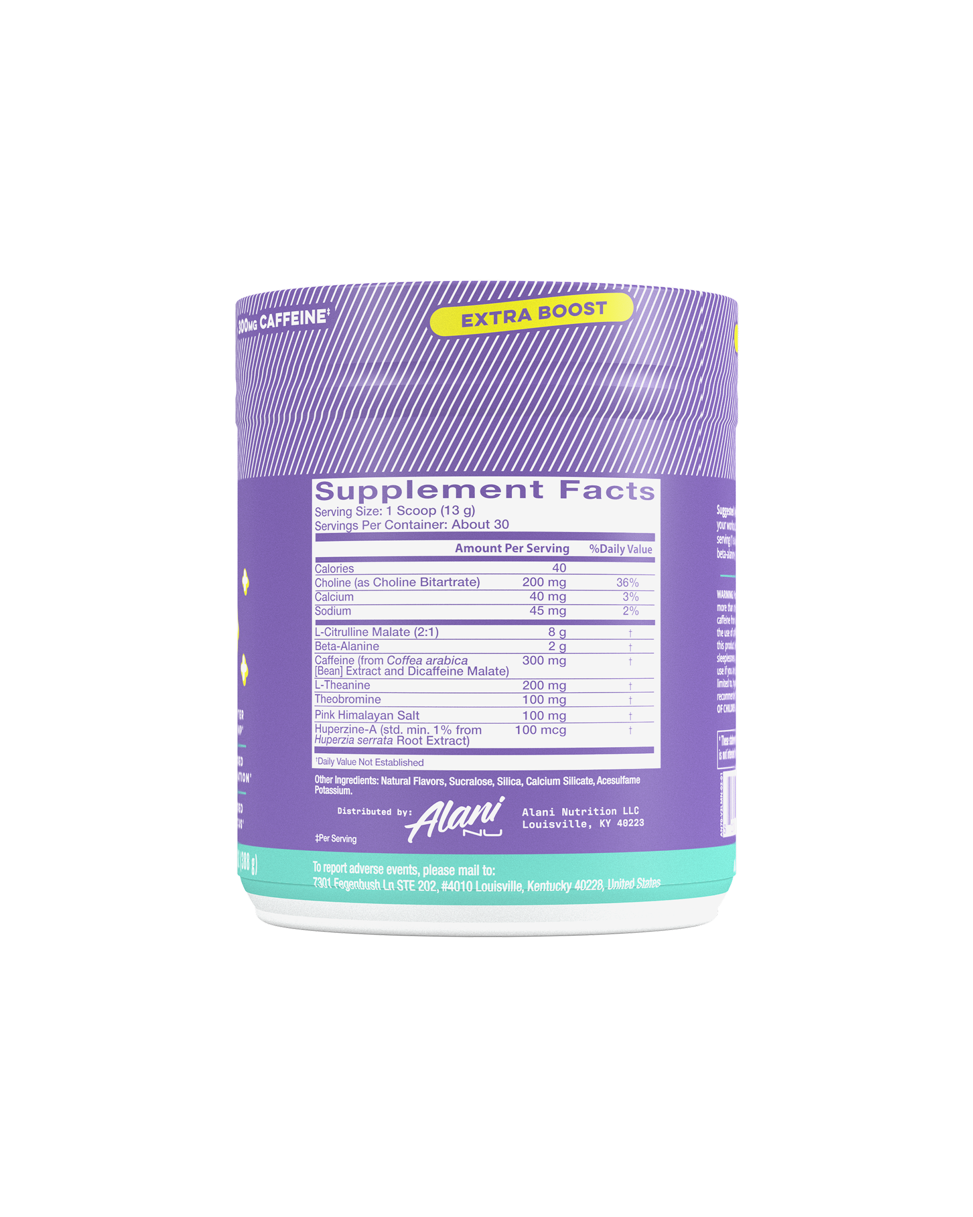 A back render of Pre-workout + in flavor Frozen Lemonade highlighting supplement facts.