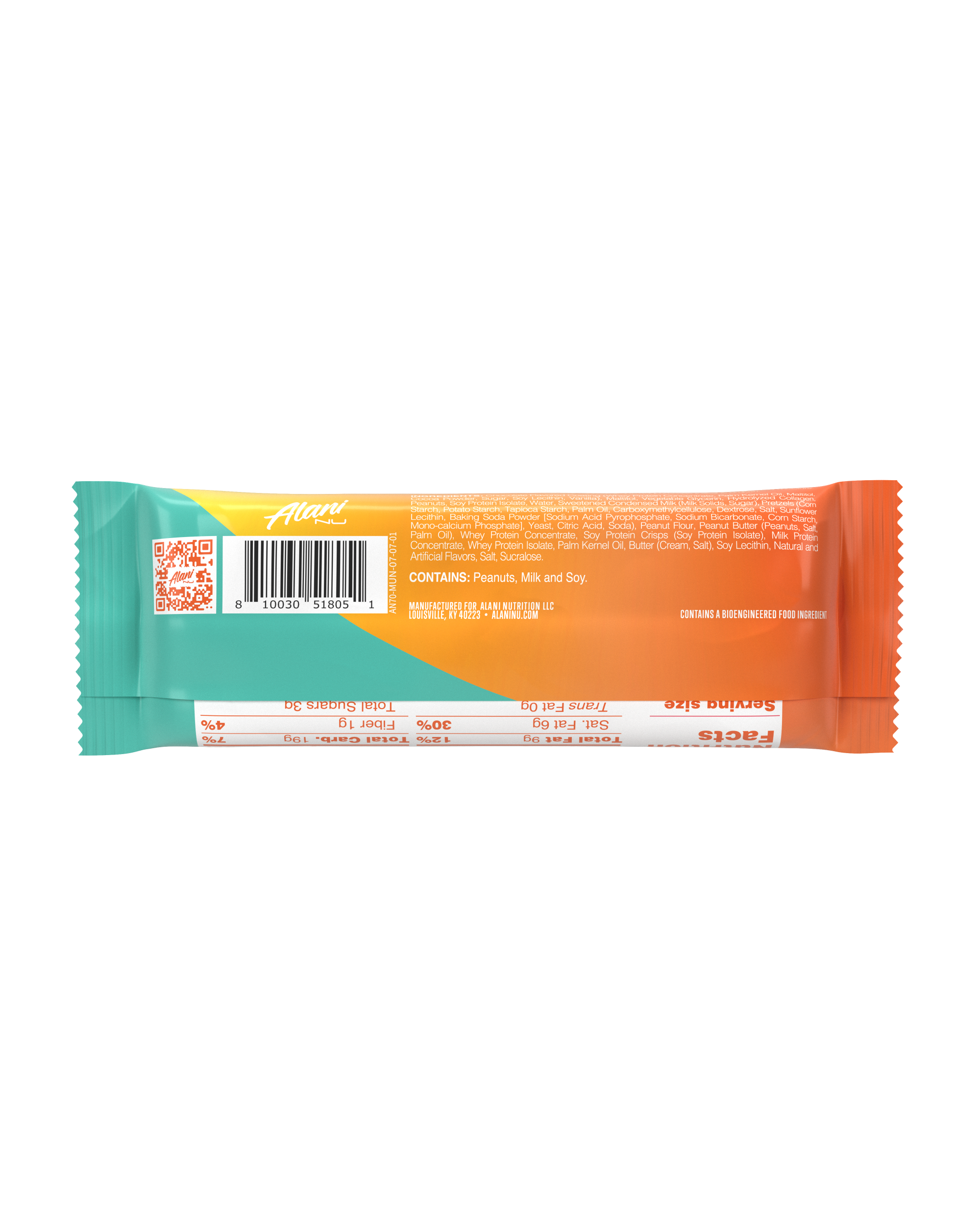 A back view of protein bar in flavor munchies displaying nutrition facts.