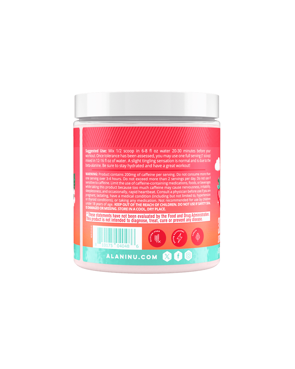 The side view of a Strawberry Sunrise Pre-Workout tub, gluten-free, vegan, and made with 200mg of caffeine. Suggested-use directions shown.