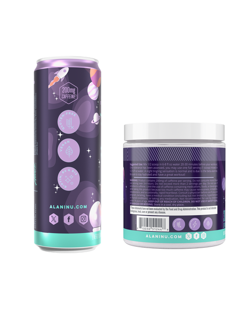 Side view of Cosmic Stardust Energy Drink and Pre-workout.