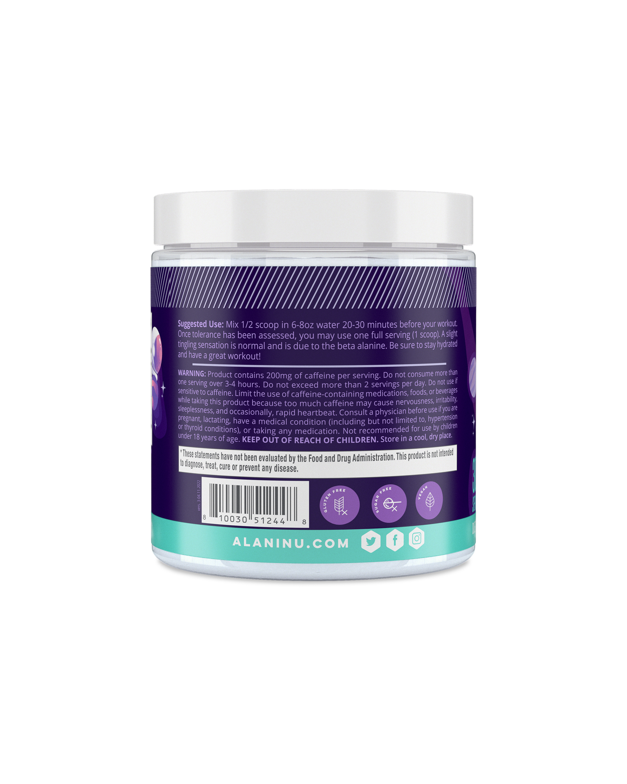 A side view of Pre-workout in Cosmic Stardust flavor showcasing suggested use of product.